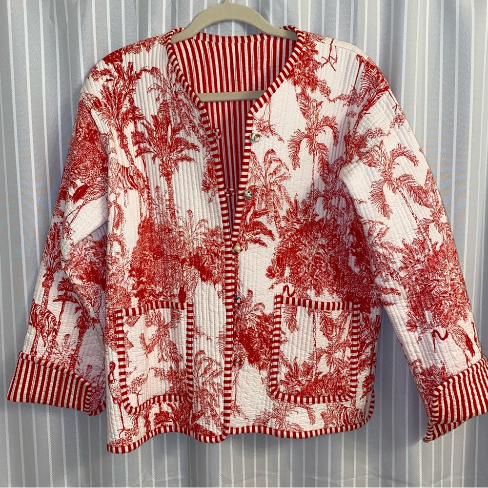 Red and White Indian Cotton Quilted Jacket